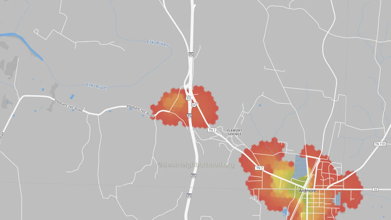Walk Grade map of Elkmont Springs, TN, walkable areas in green and car-dependent areas in red