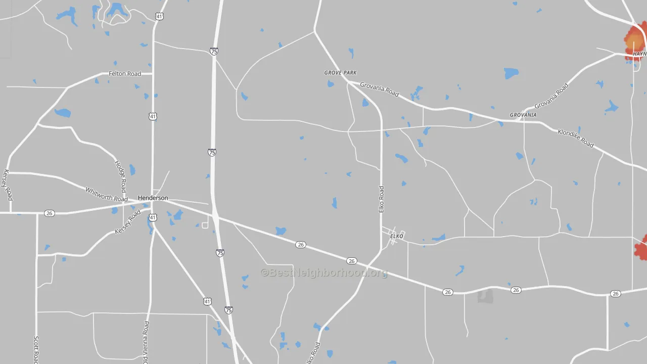 Walk Grade map of Elko, GA, walkable areas in green and car-dependent areas in red
