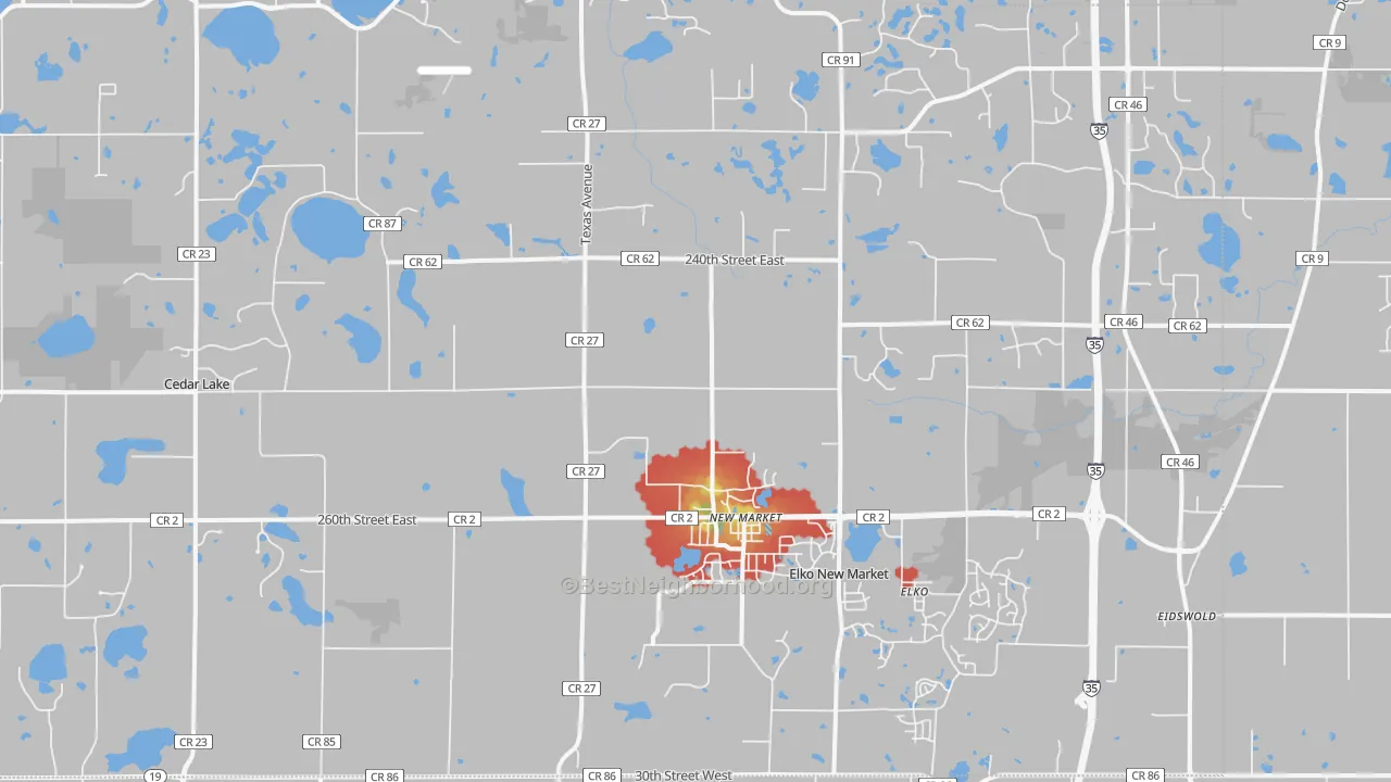 Walk Grade map of Elko, MN, walkable areas in green and car-dependent areas in red