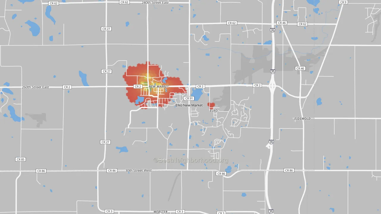 Walk Grade map of Elko New Market, MN, walkable areas in green and car-dependent areas in red