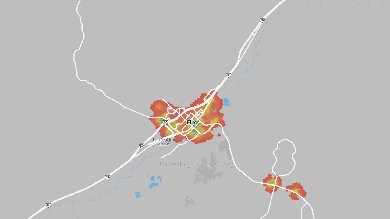 Walk Grade map of Elko, NV, walkable areas in green and car-dependent areas in red