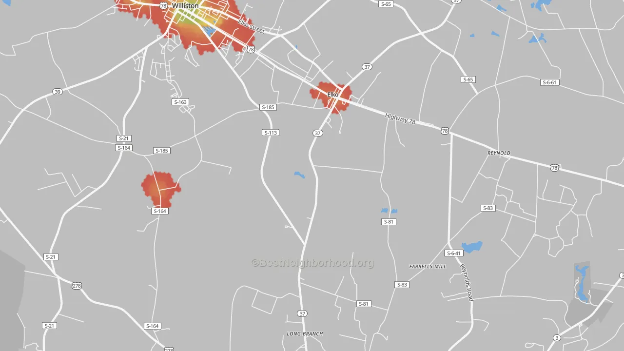 Walk Grade map of Elko, SC, walkable areas in green and car-dependent areas in red