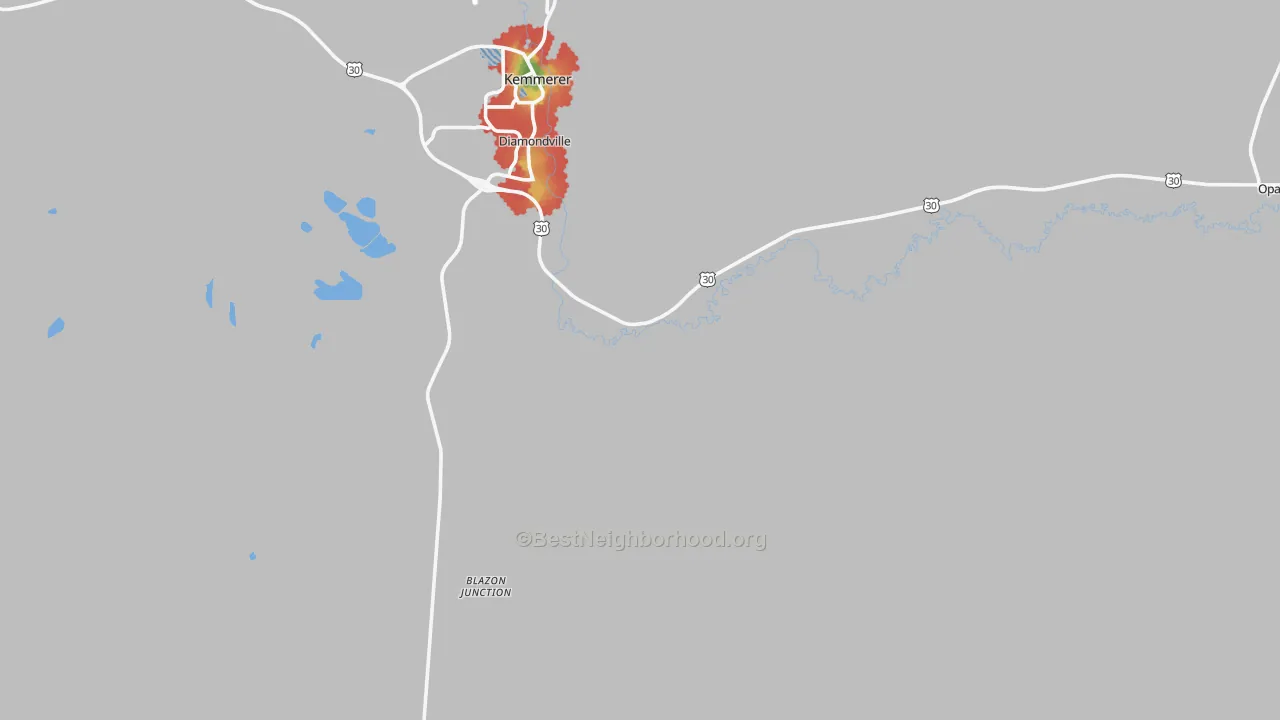 Walk Grade map of Elkol, WY, walkable areas in green and car-dependent areas in red