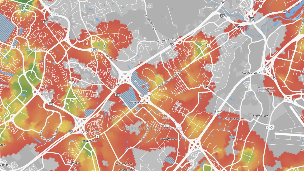 Walk Grade map of Elkridge, MD, walkable areas in green and car-dependent areas in red
