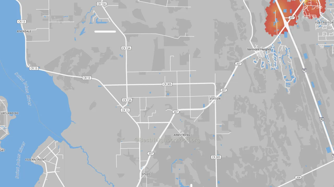 Walk Grade map of Elkton, FL, walkable areas in green and car-dependent areas in red