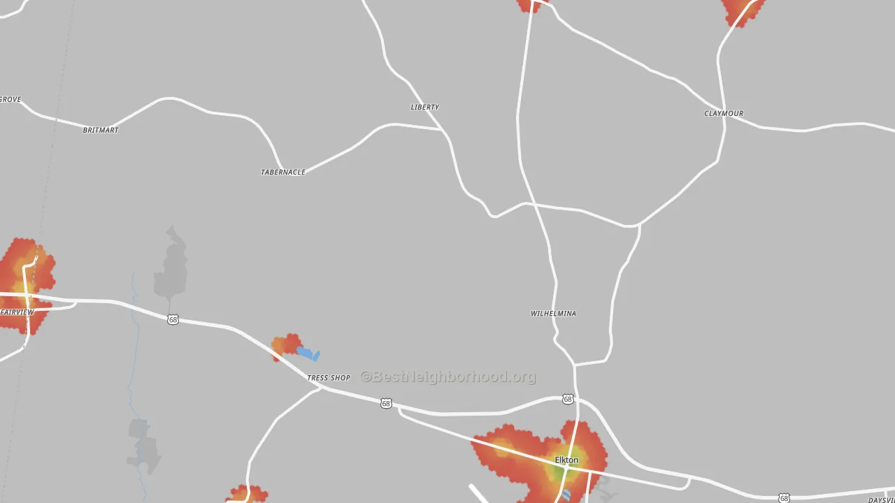 Walk Grade map of Elkton, KY, walkable areas in green and car-dependent areas in red