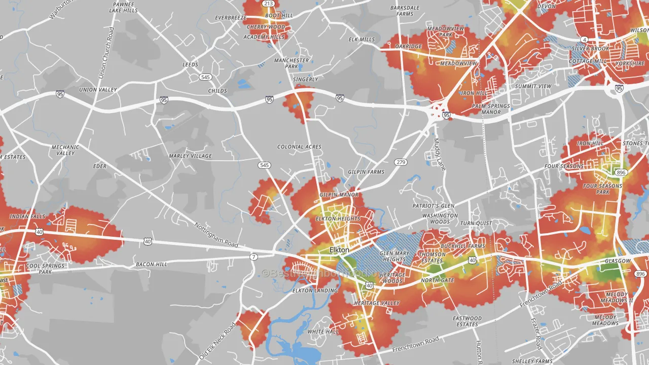 Walk Grade map of Elkton, MD, walkable areas in green and car-dependent areas in red