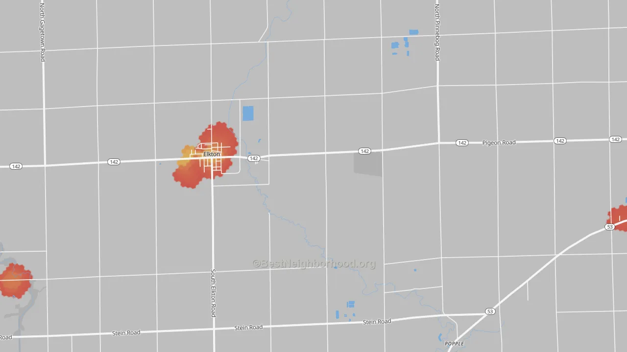 Walk Grade map of Elkton, MI, walkable areas in green and car-dependent areas in red