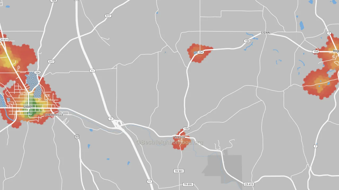Walk Grade map of Elkton, OH, walkable areas in green and car-dependent areas in red