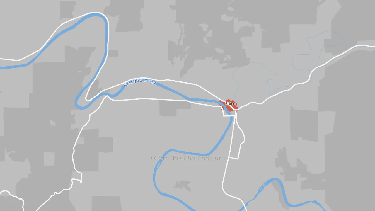 Walk Grade map of Elkton, OR, walkable areas in green and car-dependent areas in red