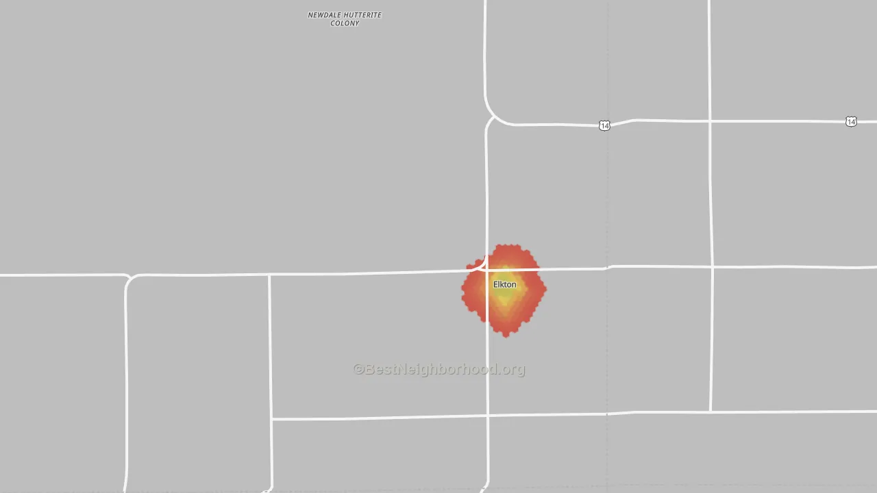 Walk Grade map of Elkton, SD, walkable areas in green and car-dependent areas in red