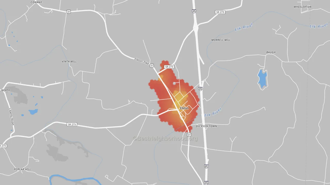 Walk Grade map of Elkton, TN, walkable areas in green and car-dependent areas in red