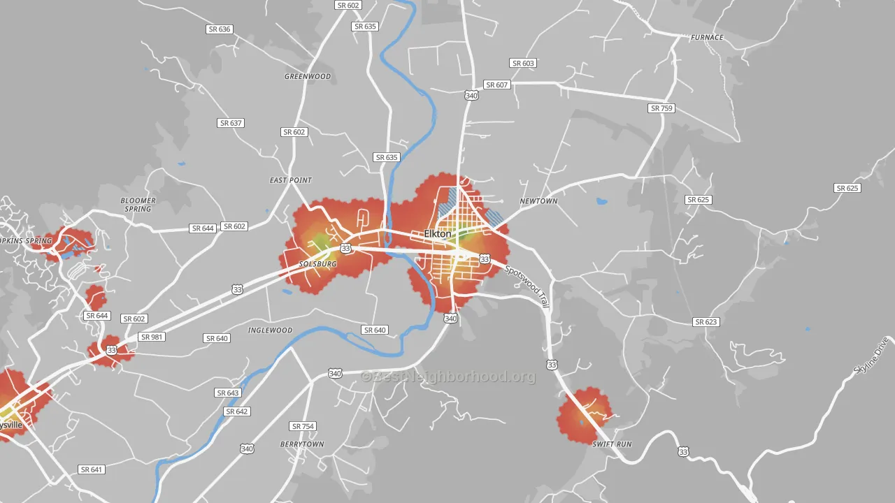 Walk Grade map of Elkton, VA, walkable areas in green and car-dependent areas in red