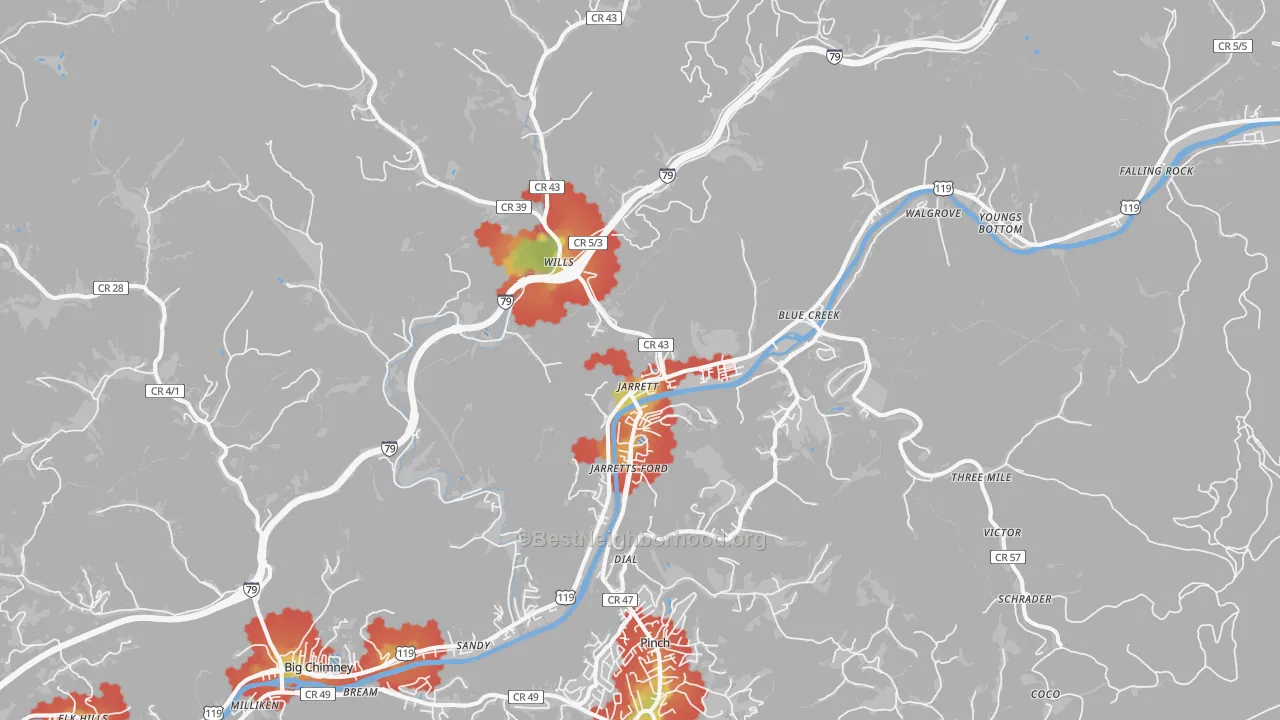 Walk Grade map of Elkview, WV, walkable areas in green and car-dependent areas in red