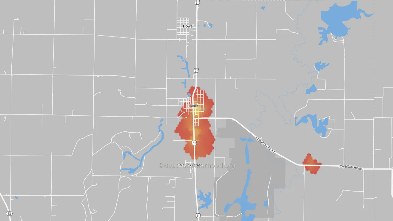 Walk Grade map of Elkville, IL, walkable areas in green and car-dependent areas in red