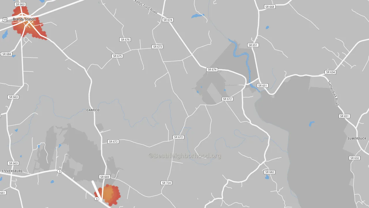Walk Grade map of Elkwood, VA, walkable areas in green and car-dependent areas in red