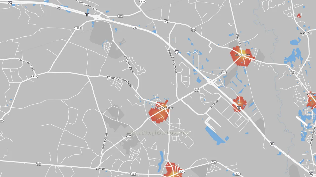 Walk Grade map of Ellabell, GA, walkable areas in green and car-dependent areas in red