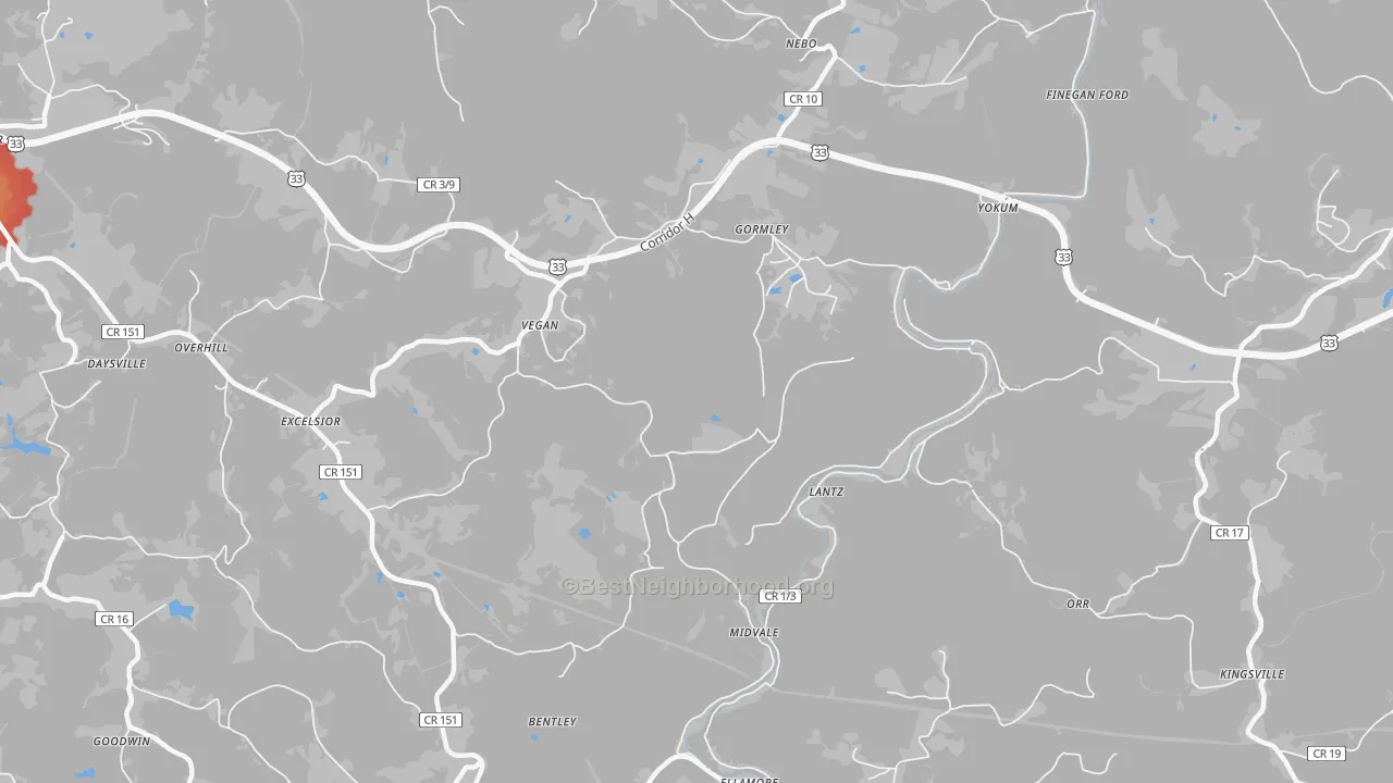Walk Grade map of Ellamore, WV, walkable areas in green and car-dependent areas in red