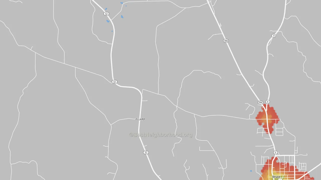 Walk Grade map of Ellard, MS, walkable areas in green and car-dependent areas in red
