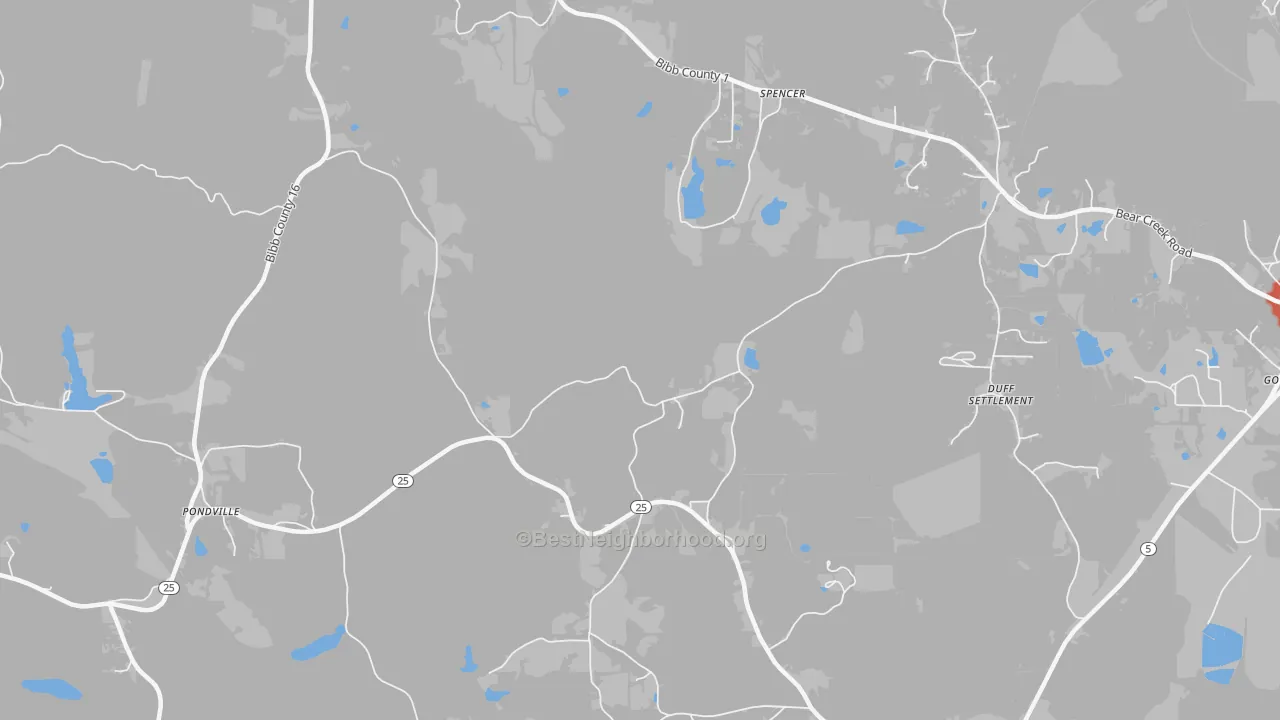 Walk Grade map of Ellards, AL, walkable areas in green and car-dependent areas in red