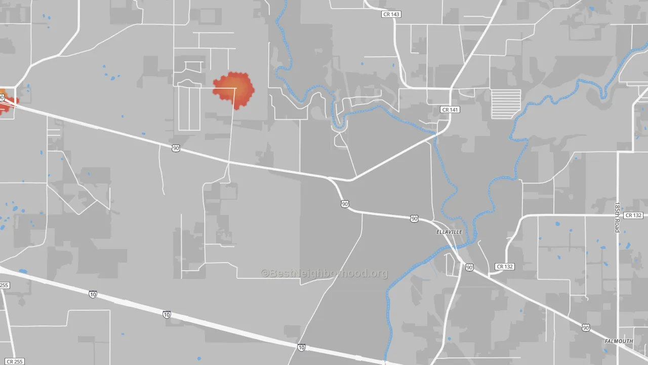 Walk Grade map of Ellaville, FL, walkable areas in green and car-dependent areas in red