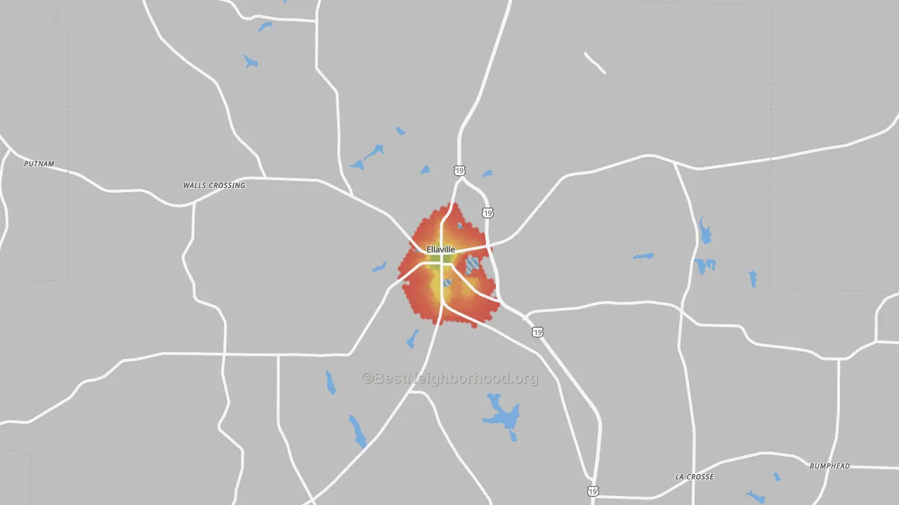 Walk Grade map of Ellaville, GA, walkable areas in green and car-dependent areas in red
