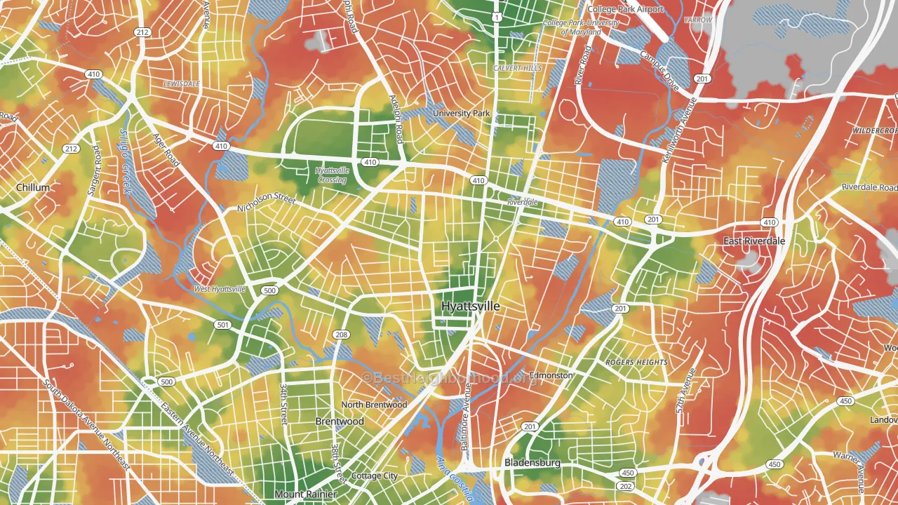 Walk Grade map of Ellaville, Hyattsville, MD, walkable areas in green and car-dependent areas in red
