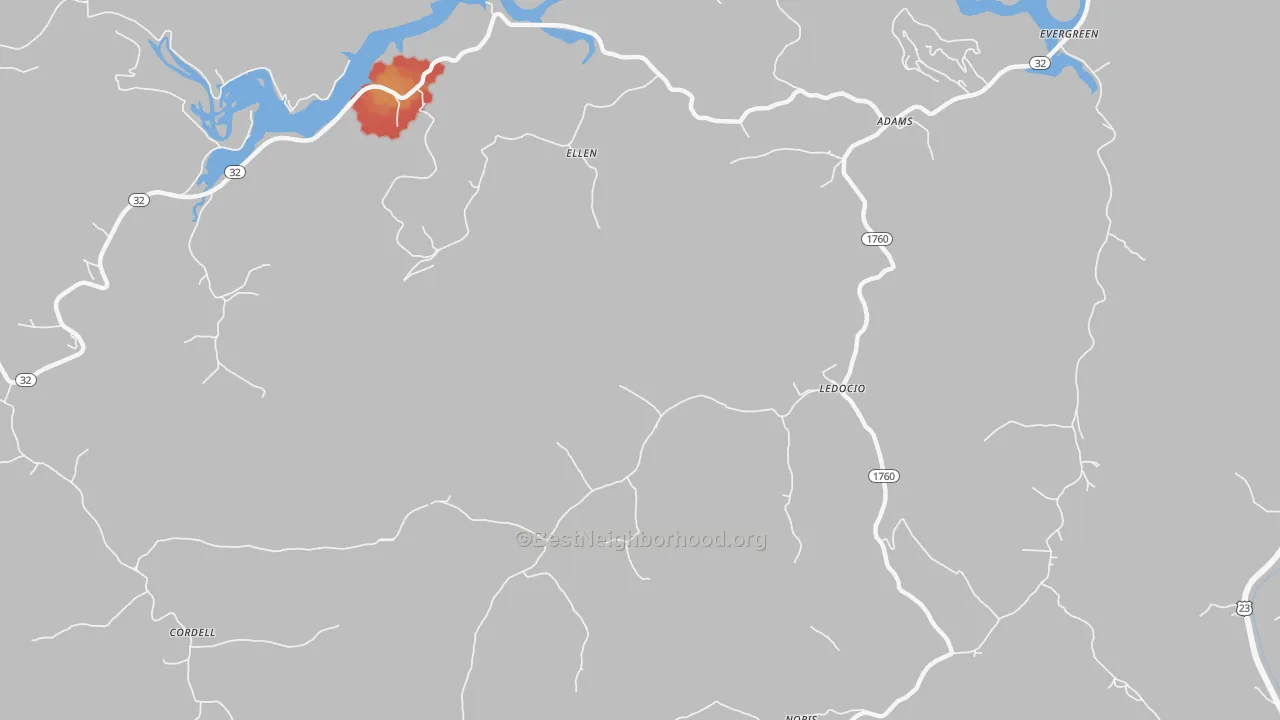 Walk Grade map of Ellen, KY, walkable areas in green and car-dependent areas in red
