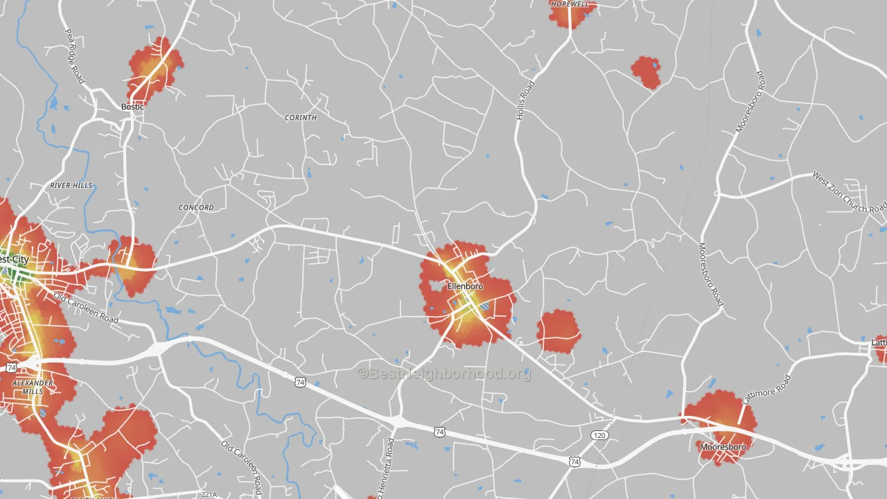 Walk Grade map of Ellenboro, NC, walkable areas in green and car-dependent areas in red