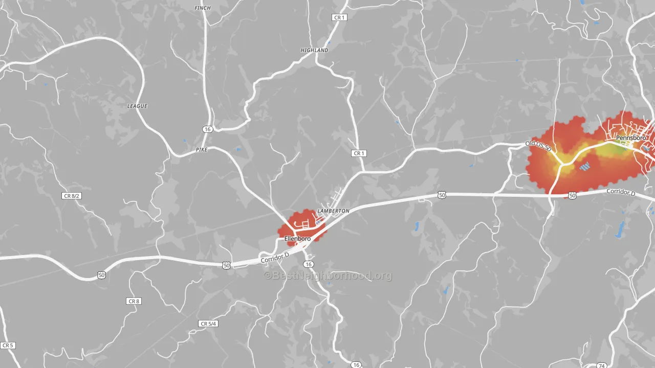 Walk Grade map of Ellenboro, WV, walkable areas in green and car-dependent areas in red