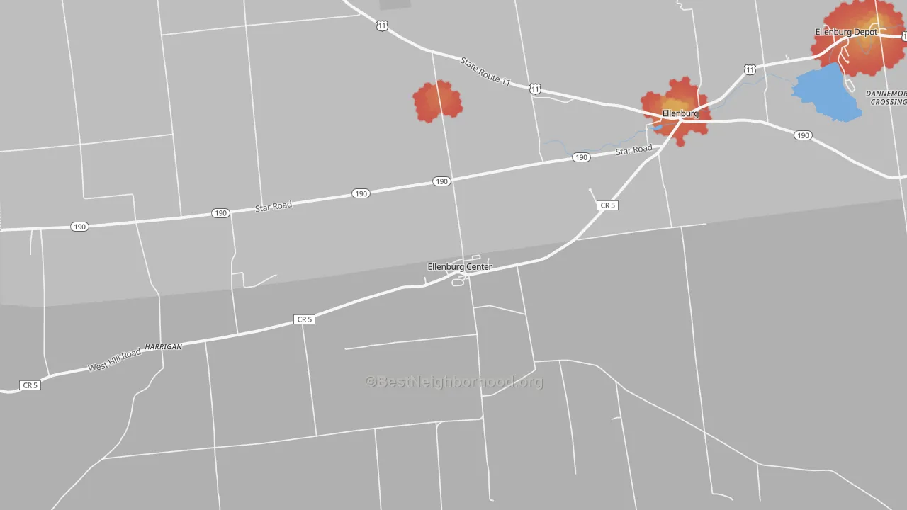 Walk Grade map of Ellenburg Center, NY, walkable areas in green and car-dependent areas in red