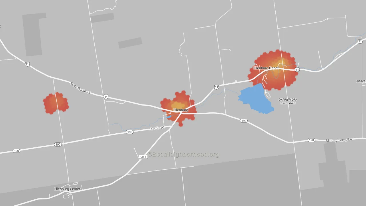Walk Grade map of Ellenburg, NY, walkable areas in green and car-dependent areas in red