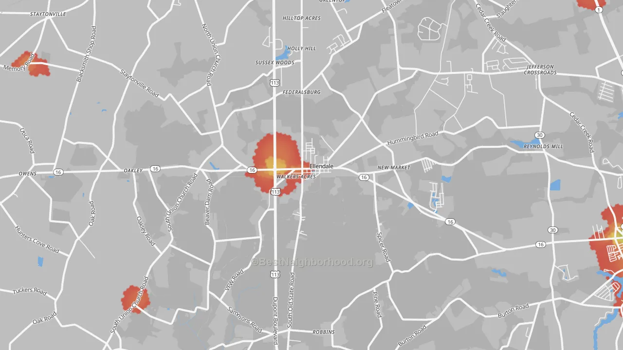 Walk Grade map of Ellendale, DE, walkable areas in green and car-dependent areas in red