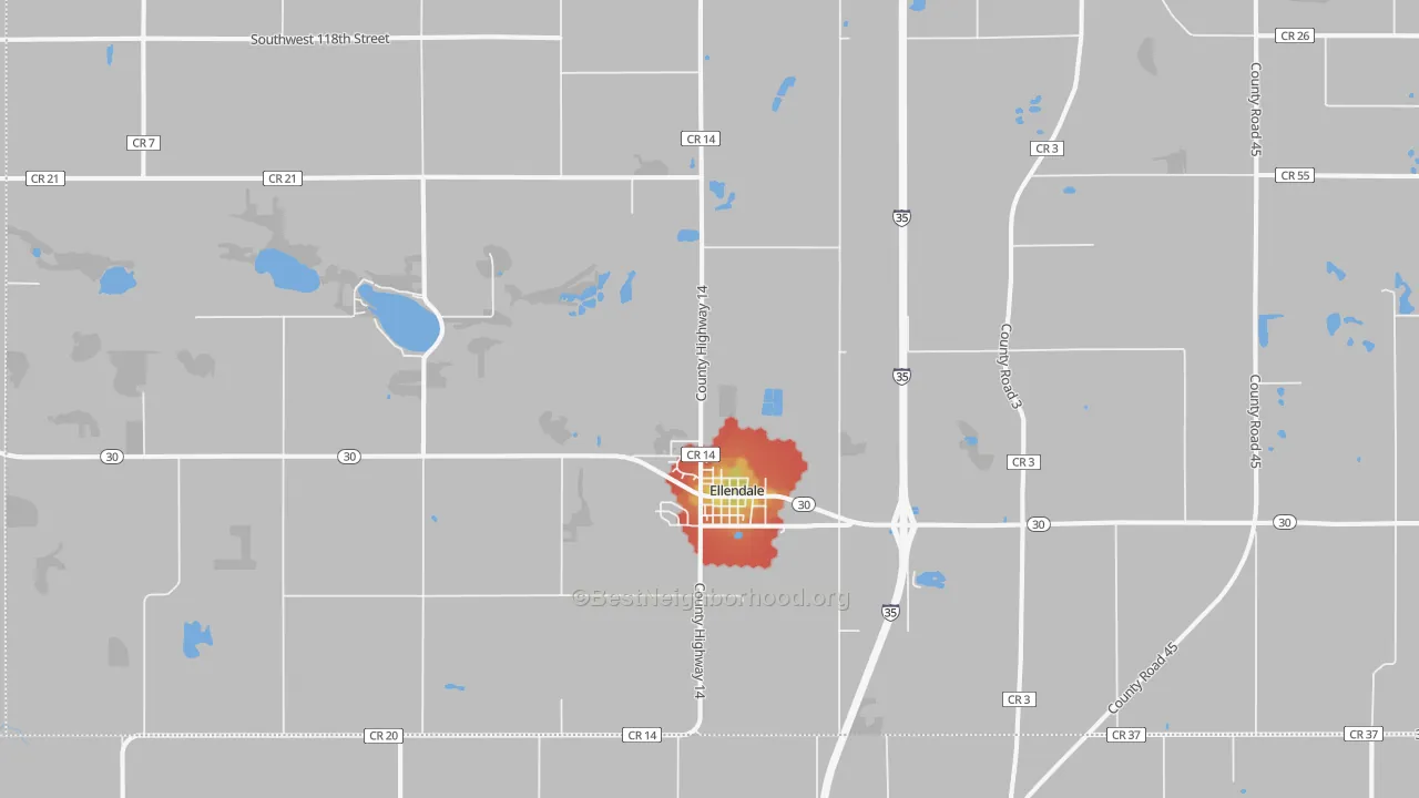 Walk Grade map of Ellendale, MN, walkable areas in green and car-dependent areas in red
