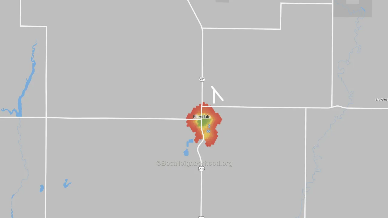 Walk Grade map of Ellendale, ND, walkable areas in green and car-dependent areas in red