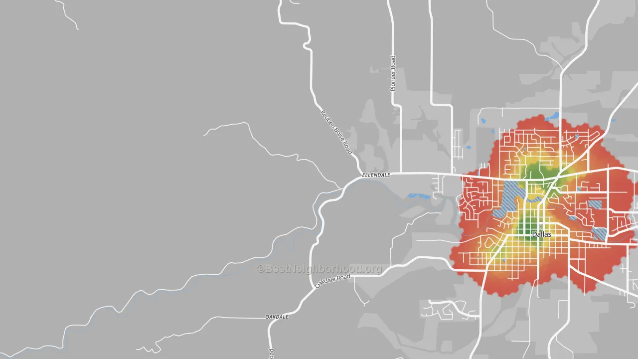 Walk Grade map of Ellendale, OR, walkable areas in green and car-dependent areas in red