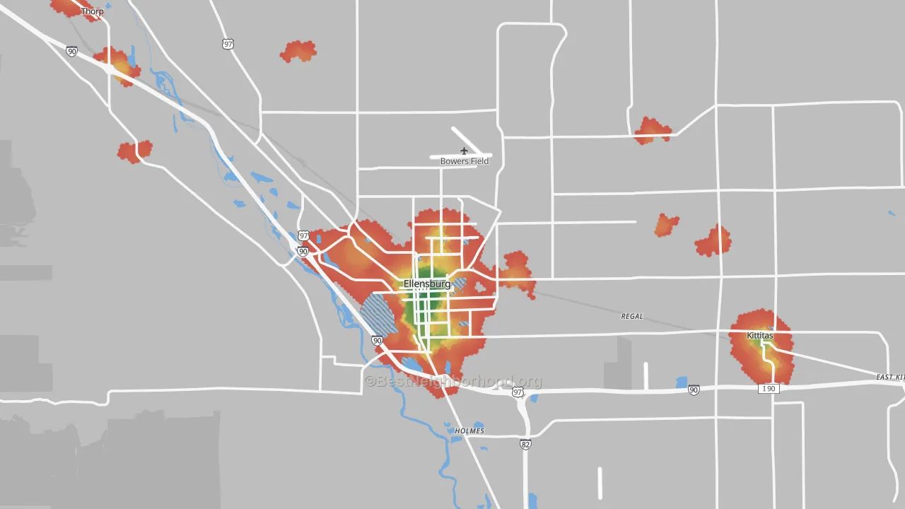 Walk Grade map of Ellensburg, WA, walkable areas in green and car-dependent areas in red