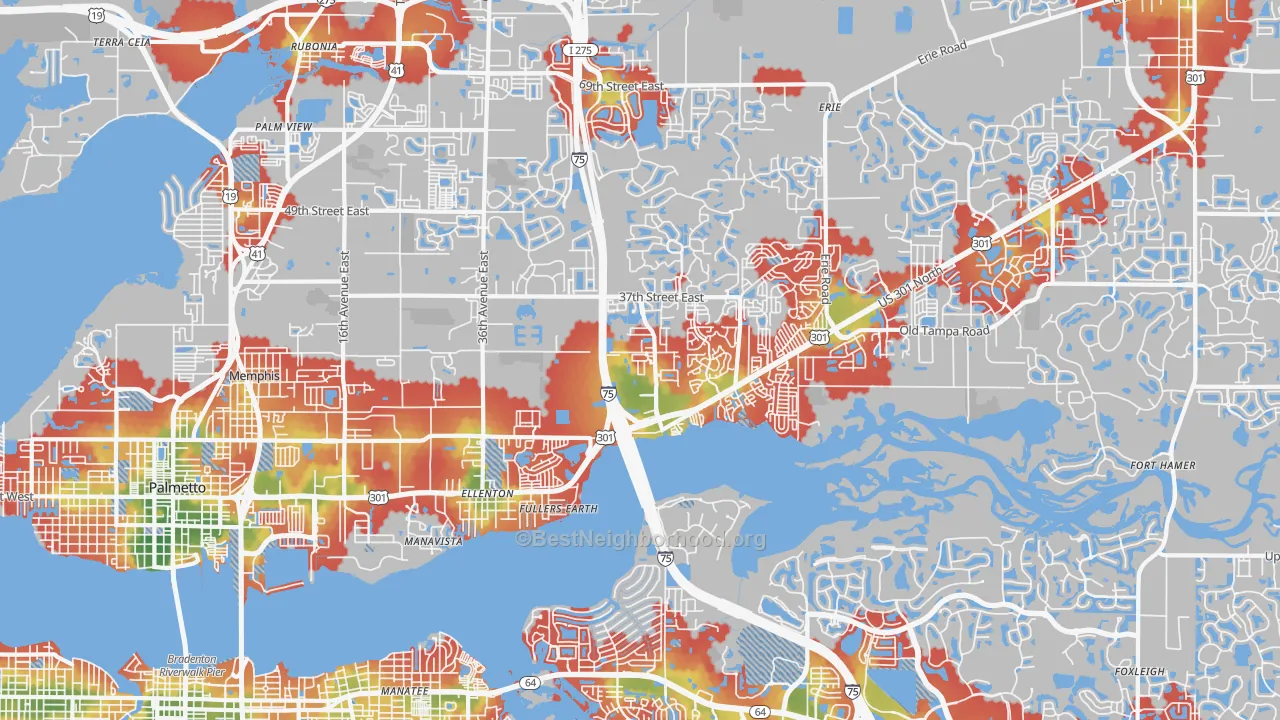 Walk Grade map of Ellenton, FL, walkable areas in green and car-dependent areas in red
