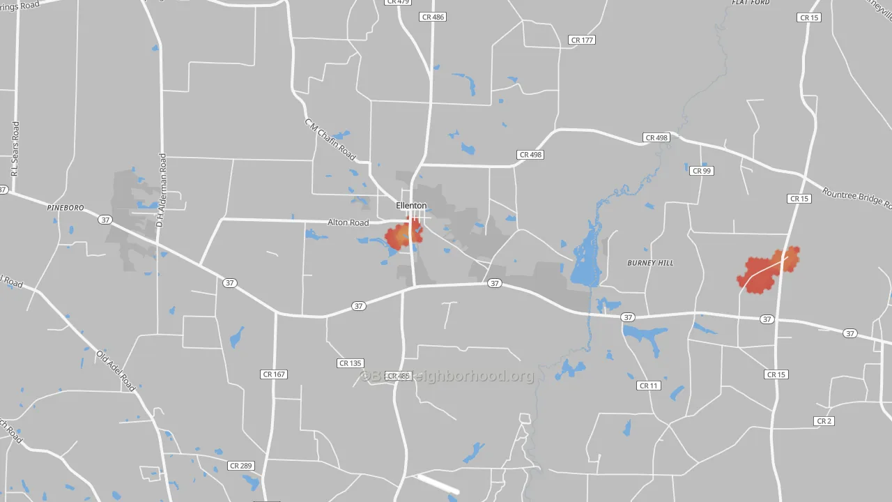 Walk Grade map of Ellenton, GA, walkable areas in green and car-dependent areas in red