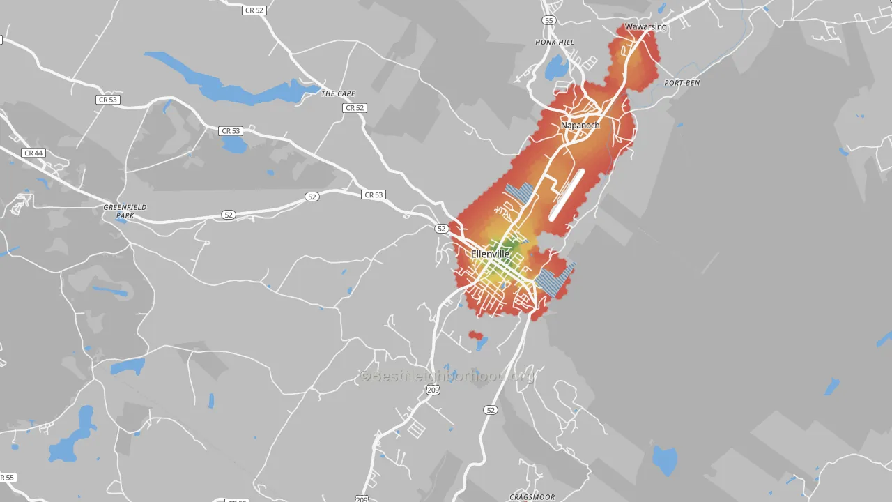 Walk Grade map of Ellenville, NY, walkable areas in green and car-dependent areas in red