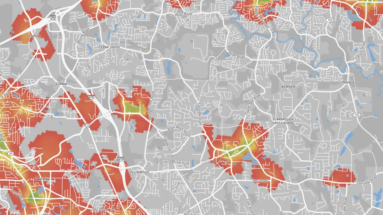 Walk Grade map of Ellenwood, GA, walkable areas in green and car-dependent areas in red