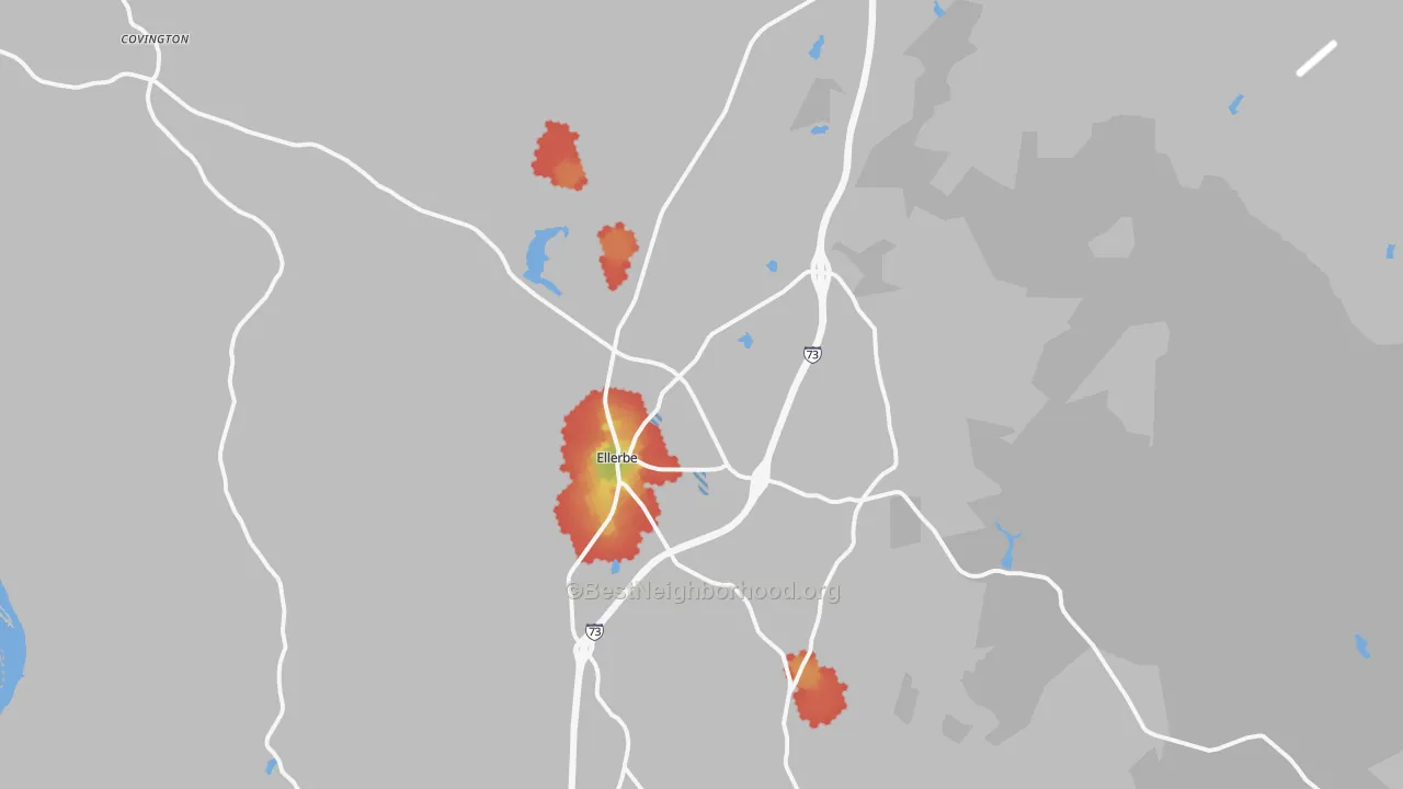 Walk Grade map of Ellerbe, NC, walkable areas in green and car-dependent areas in red