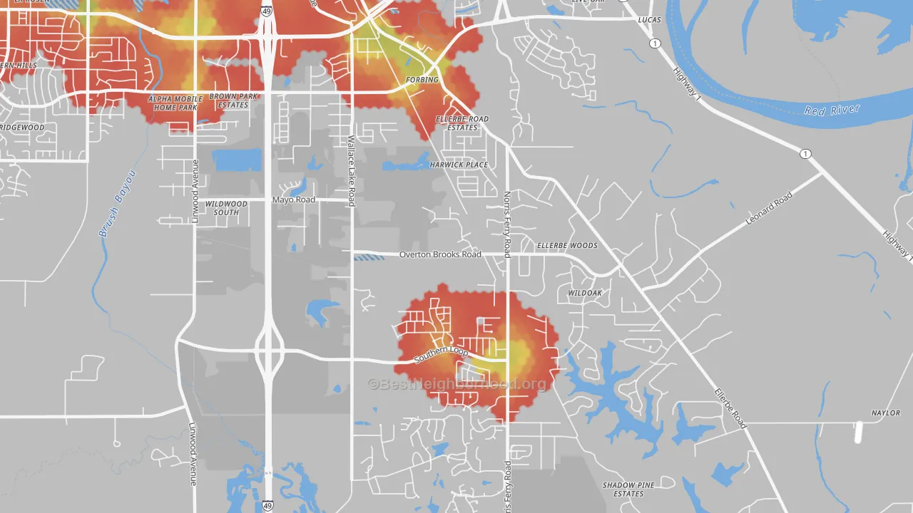 Walk Grade map of Ellerbee Woods, Shreveport, LA, walkable areas in green and car-dependent areas in red