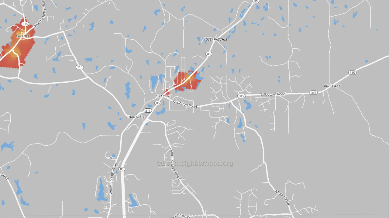 Walk Grade map of Ellerslie, GA, walkable areas in green and car-dependent areas in red