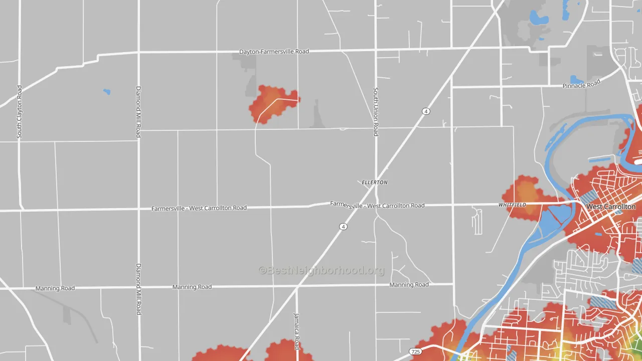 Walk Grade map of Ellerton, OH, walkable areas in green and car-dependent areas in red