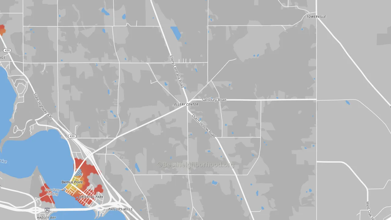 Walk Grade map of Ellery Center, NY, walkable areas in green and car-dependent areas in red