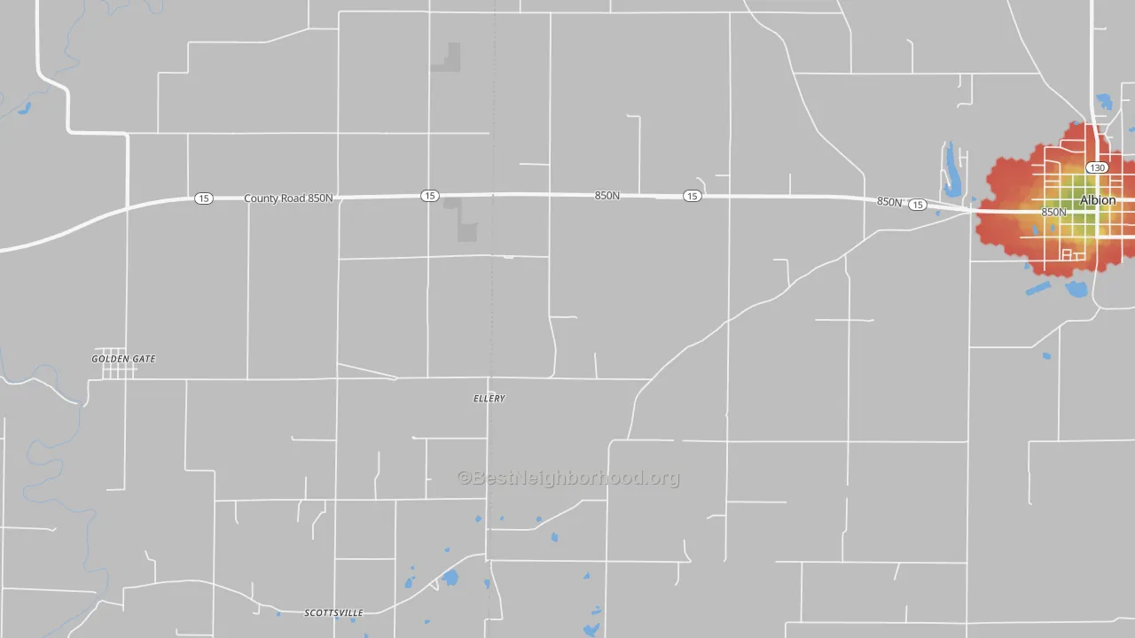 Walk Grade map of Ellery, IL, walkable areas in green and car-dependent areas in red