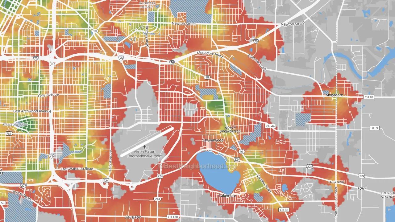 Walk Grade map of Ellet, Akron, OH, walkable areas in green and car-dependent areas in red