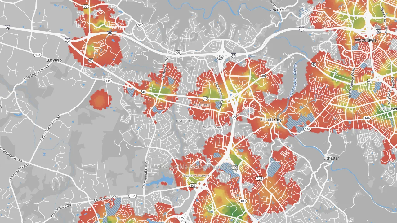 Walk Grade map of Ellicott City, MD, walkable areas in green and car-dependent areas in red