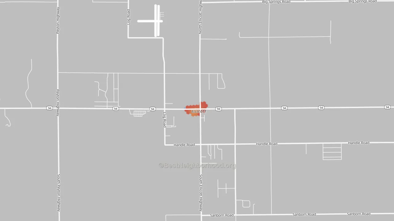 Walk Grade map of Ellicott, CO, walkable areas in green and car-dependent areas in red